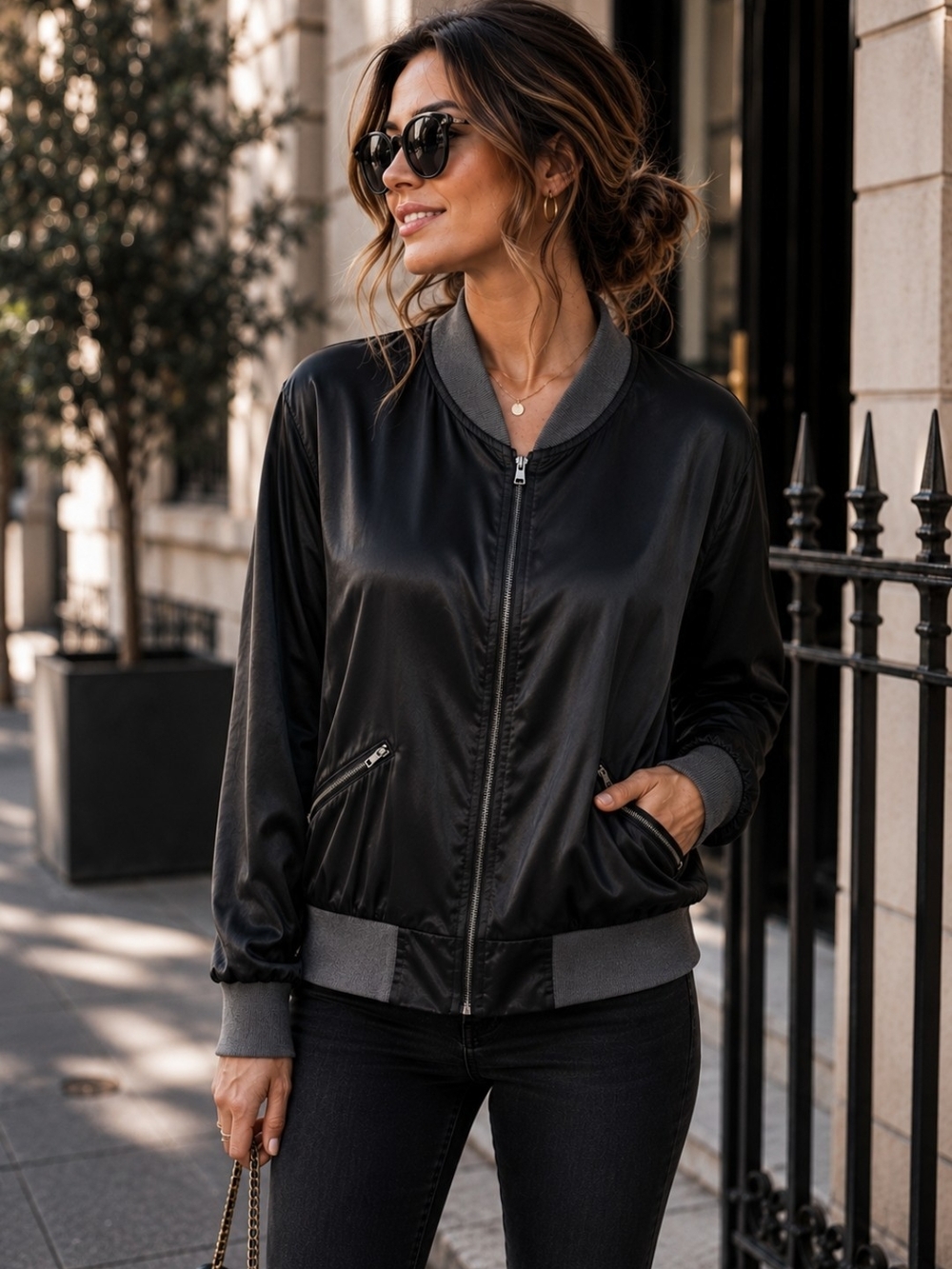 Spencer Jeremy Black Satin Bomber Jacket Gray Trim Zip Pockets L Moto